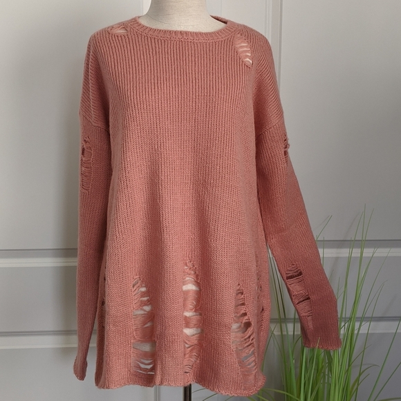 Show Me Your MuMu Sweater Crew Neck Distressed Oversized Knit Mulberry S NWT - Picture 2 of 8